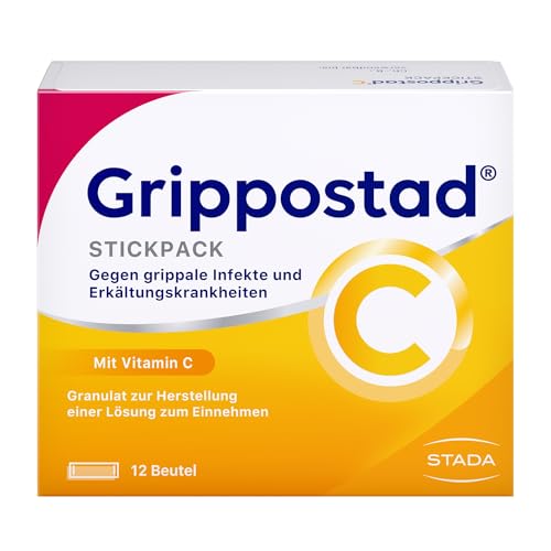 Grippostad C Stickpack Trinkgranulat – Grippe Kombipräparat bei Grippe- und Erkältungsbeschwerden – mit Paracetamol, Vitamin C, Chlorphenamin und Coffein, vegan – 1 x 12 Beutel Granulat