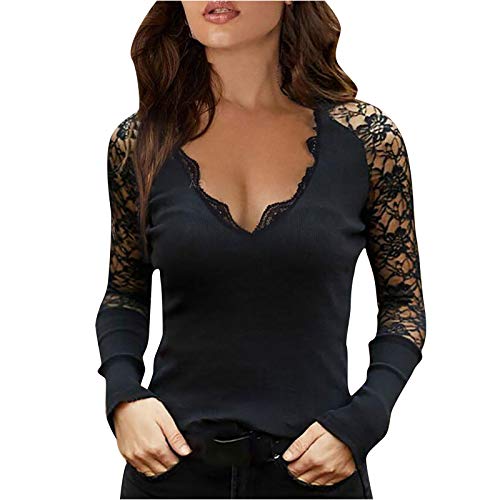 Langarmshirt Spitze Damen, Figurbetonte Damen Sexy Modisches Langarmshirt Longbluse Party Stretch Langarm Mesh Bodysuit Kleidung Slim Schöne Elegant Spitze Shirt Bluse