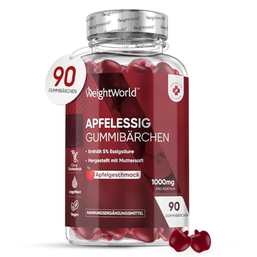 Apfelessig Gummibärchen 1000mg - Vitamin C, B12, B6, & B9 Folsäure - Immunsystem, Nervensystem, verringert Erschöpfung (EFSA) - 90 vegane Gummies mit Apfelgeschmack - Apple Cider Vinegar - WeightWorld