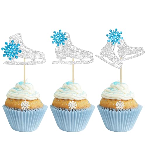 Gyufise 24 Stück Eislauf-Cupcake-Topper Glitzer Schneeflocke Eissport Thema Cupcake Picks Baby Shower Kuchen Dekorationen für Skating-Thema Kinder Geburtstag Party Zubehör Silber