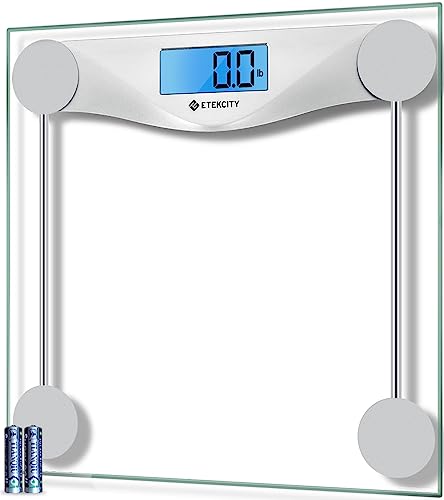 ETEKCITY Personenwaage digital, Gewichtswaage mit großer blauen LCD-Hintergrundbeleuchtung, hochpräzise Messungen, 6 mm gehärtetes Glas, 180 kg, Silber, 1 Stück (1er Pack)