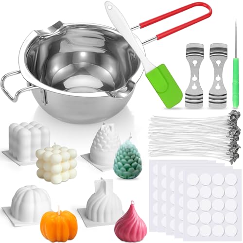 Kerzen Selber Machen Set, DIY Kerzenherstellung Kit,4 Stück 3D Silikonform Kerzenformen zum Gießen, Schmelztopf und 100 Kerzendochte,100 Kerzen Aufkleber, 2 Dochthalter,1 spatula für Candle Making Kit