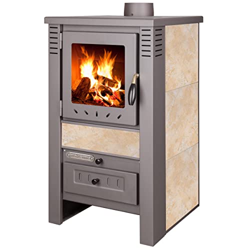 ProTermo Nova G Beige Kaminofen mit Schamottsteinen - 7,5 kW Heizleistung - 82x48x48cm Kaminofen Holzofen mit Sichtfenster, Bauart 1