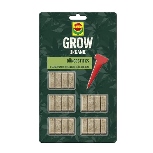 COMPO GROW ORGANIC Düngesticks für Spezialkulturen - 100 Prozent natürliche Inhaltsstoffe - Langzeitwirkung Indoor & Outdoor - 20 Stk, braun