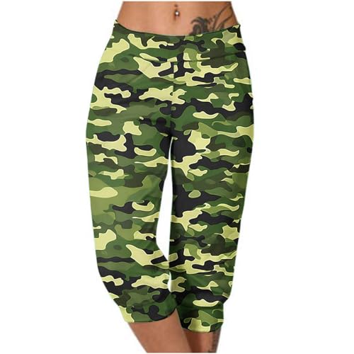 Keepink Capri-Leggings für Damen, hohe Taille, elastisch, Jeggings, Camouflage-Shorts, bauchfreie Sweathose, knielang, Caprihose, Jogger, Workout, Laufhose mit Taschen, 4 x mehrfarbig, 44