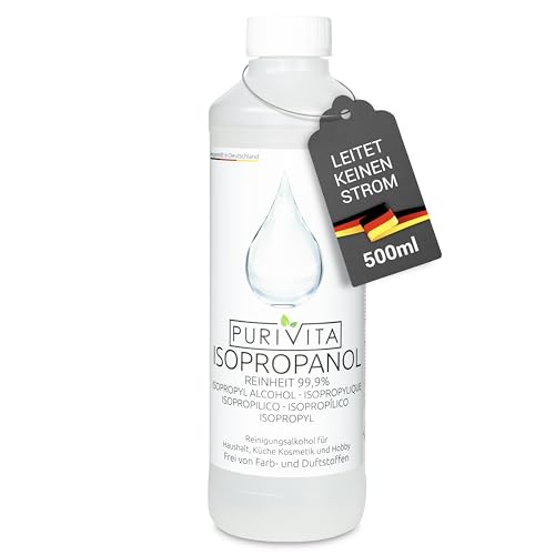 PURIVITA ISOPROPANOL – Reinigungsalkohol – 99,9% Reinigungskraft – Reiniger für Haushalt, Industrie, Elektronik – Entfettungs + Lösungsmittel – rückstandsfrei – nicht leitend – 1x500ml