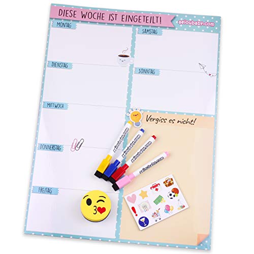 Magnetischer Wochenplaner, 4 bunte Marker, 12 Magnete, 1 Tafelschwamm | Kalender Kühlschrank Deutsch 43x32cm Wandtafel Küche | Organizer Erinnerung Einkaufsliste Menü | Ideale Geschenkbox