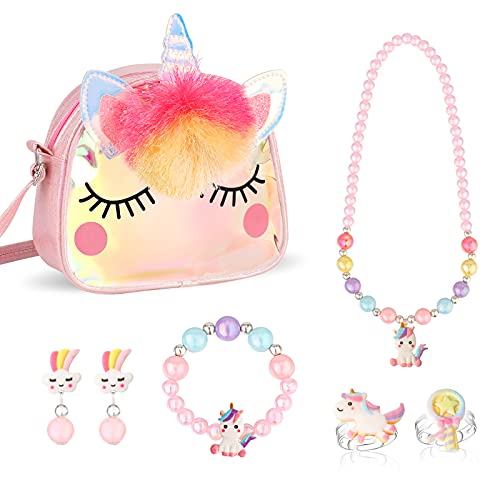 Hifot Einhorn Handtasche Schmuckset für Mädchen, Einhorn Halskette Armband Ring Ohrring Kinderschmuck Set, Prinzessin Ankleiden Geburtstag Geschenk