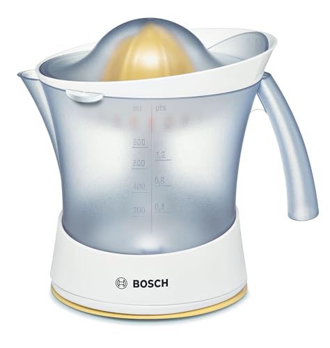 Bosch Zitruspresse VitaPress MCP3500N, Universal-Presskegel für kleine und große Früchte, Fruchtfleisch-Regulierung, hohe Saftausbeute, 0,8l Saftbehälter, spülmaschinengeeignet, 25 W, weiß/gelb