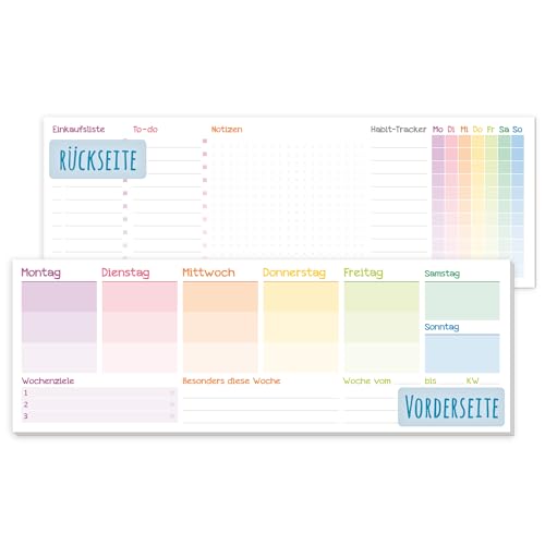 paper&you® Wochenplaner ohne festes Datum [Rainbow] 50 Blatt | Tischkalender Block quer undatiert inkl. Terminplaner, Habit-Tracker, To-Do-Liste, Einkaufsliste, Notizen | klimaneutral & nachhaltig