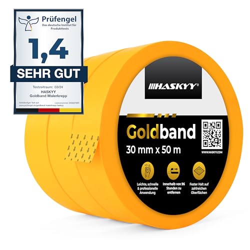 HASKYY Goldband Malerkrepp Kreppband 3x Malerband 30mm x 50m Profi Abdeckband Malertape Klebeband Washi Tape Gold Papiertape Selbstklebend