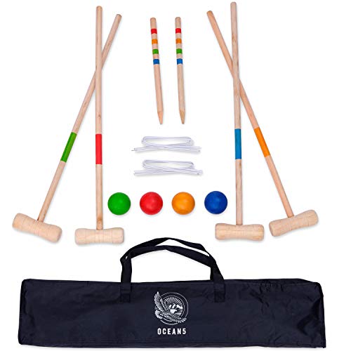 Ocean 5 Krocket Set – Outdoor Croquet Gartenspiel, das Geschicklichkeitsspiel aus Holz, für Kinder und Erwachsene, für 2-4 Spieler