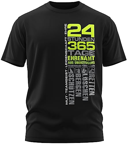 Feuerwehr - 24 Stunden 365 Tage Retten, Löschen, Bergen, Schützen 112 - Ehrenamt Freiwillige Feuerwehr Spruch Motiv - Herren T-Shirt und Männer Tshirt, Farbe:Schwarz/Neon Gelb, Größe:L