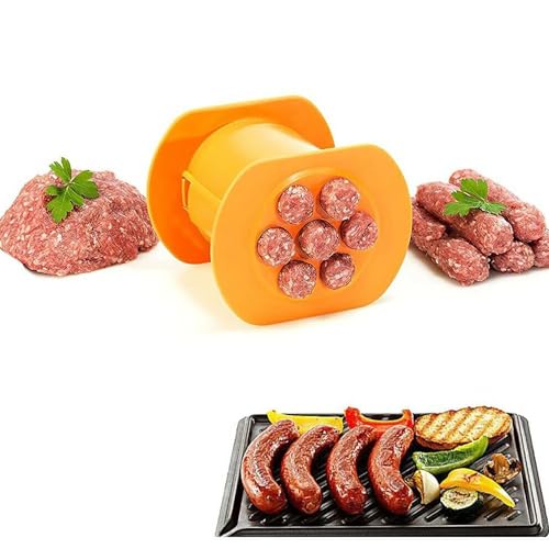 UV STYLISH Presse Hot Dog Maker - Manual Hot Dog Wurstform-Set, Hot Dog Maker mit 7 Löchern, DIY-Küchenutensilien, Cevapcici Hot-Dog-Maschine Fleischstäbchen-Quetscher (Orange)