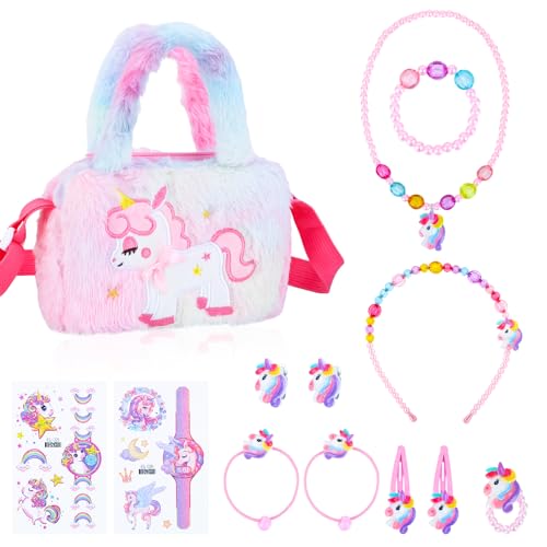 Apricitie Einhorn Handtasche Geschenk, Einhorn Handtasche Schmuck Set Einhörnern Kinderschmuck Halskette Armband, Ring, Haarspange, Kleines Mädchen Rollenspiel