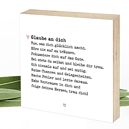 Wunderpixel® Holzbild Glaube an dich - 15x15x2cm zum Hinstellen/Aufhängen, echter Fotodruck mit Spruch auf Holz - schwarz-weißes Wand-Bild Aufsteller Zuhause Dekoration Geschenk-Idee Achtsamkeit