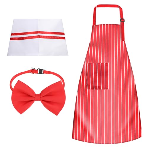 Kochschürze Set, Verstellbare Küchenschürze Damen Schürze mit 2Taschen Rot und Weiß Gestreift Grillschürze Gartenschürze mit Kochmütze und Fliege Schürzen Gastronomie für Kochen, Backen, Hausarbeiten