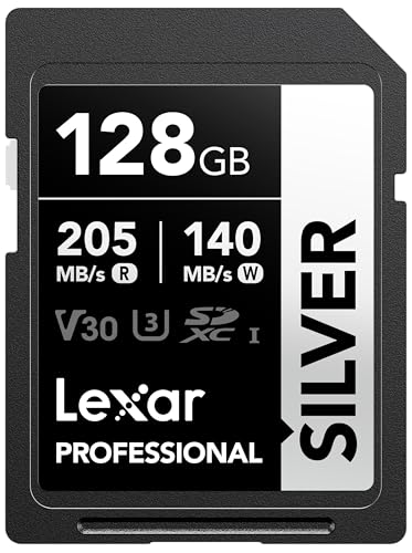 Lexar Silver SD Karte 128GB, UHS-I SDXC Card 205 MB/s Read Speed, 140 MB/s Write Speed, V30, U3, C10, 4K UHD Video, SD Card Memory Card with Lexar Lifetime Data Recovery