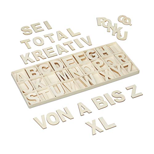 Relaxdays Holzbuchstaben Set, 104 TLG, Großbuchstaben A-Z, 5,5 cm hoch, XL Buchstaben zum Basteln, Deko Alphabet, Natur