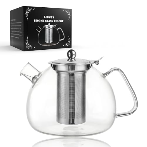 LIBWYS Teekanne 1500ml aus Hitzebeständigem Borosilikatglas Glas mit Abnehmbarem Siebeinsatz, Einfache Reinigung, Geeignet zum Aufbrühen von Tee, Blumentee, Kräutertee und Teebeuteln