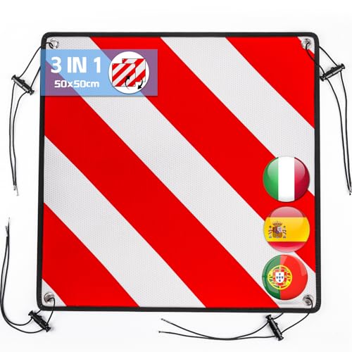 Sorlpv 3 In 1 Warntafel für Italien Spanien Portugal, Alu Reflektierend Warnschild 50x50CM mit Spannseile & Eckenschützer, Zertifizierte für Fahrradträger Heckträger Anhänger Auto Wohnmobil - 1 Stück