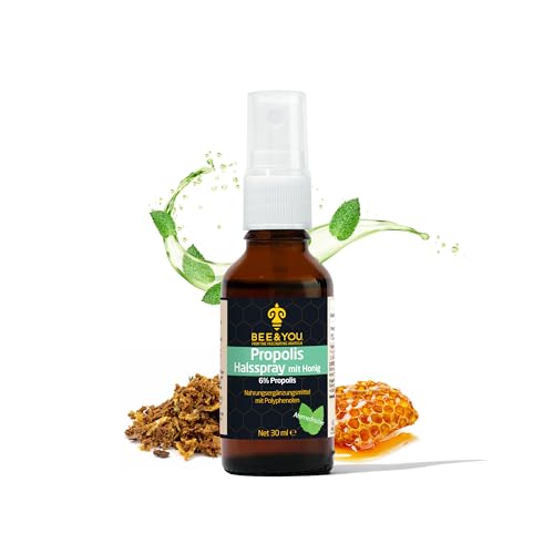 BEE&YOU Propolis Halsspray 30 ml mit Honig & Menthol, Hals - Rachenspray, Mundspray mit Propolis, natürlich, beruhigend, Atem Erfrischend, auch für Kinder & Tiere geeignet