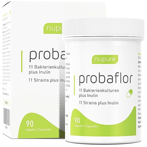 Nupure® Probaflor 90 Kapseln, mit 1.800 Mrd KBE/kasten*, 11 Spezielle Bakterienstämme, Mit Inulin und Lactobacillus salivarius SP2, Besser geschützt dank Spezialdose, Vegan