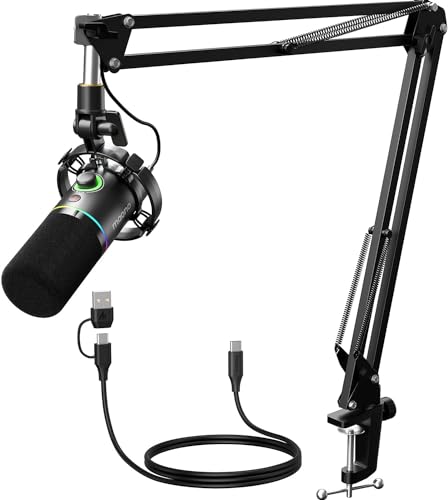 MAONO XLR/USB Dynamisches Mikrofon Kit, RGB Podcast Mic mit Software, Stummschaltung, Gain-Regler, Lautstärkeregler, Galgenarm für Streaming, Gaming, Voice-Over, Aufnahme-PD200XS Schwarz