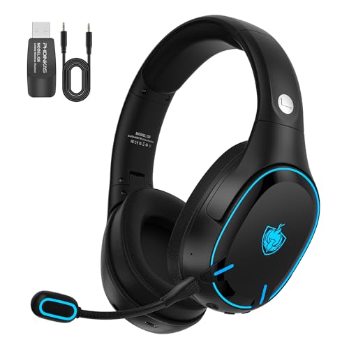 PHOINIKAS Gaming Headset Wireless, Bluetooth Headset mit Dual-Chips, Bluetooth 5.3 für Handy/Laptop, 2.4Ghz Dongle für PC/PS4/PS5/TV/Switch, Noise Cancelling Mikrofon, 30 Stunden Akku, LED Licht