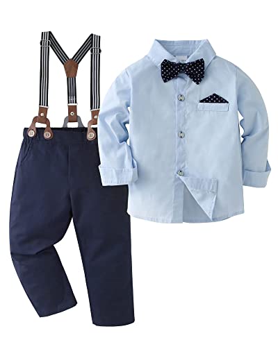 Amissz Baby Jungen Gentleman Set, Kinder Festliche Kleidung Taufkleidung Anzug Langärmeliges Shirt & Hosen Outfit Blau, 8-9 Jahre