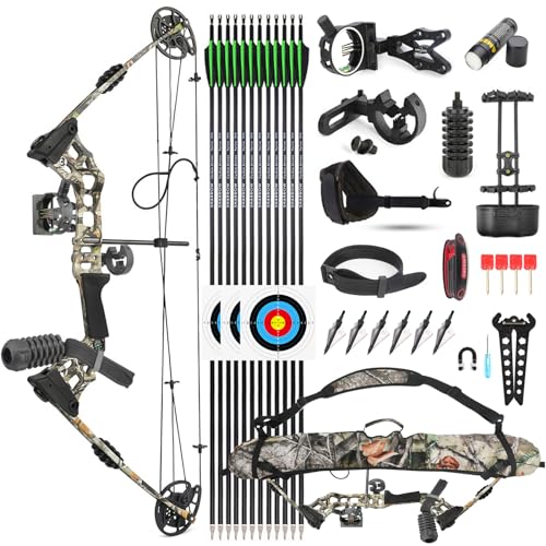 SHARROW Compoundbogenset 20-70 LBS Einstellbare Jagd Compound Bogen und Pfeil Set für Erwachsene Jugend Anfänger Outdoor-Schießen Bogenschießen Set LH/RH (Rechte Hand, Camo)