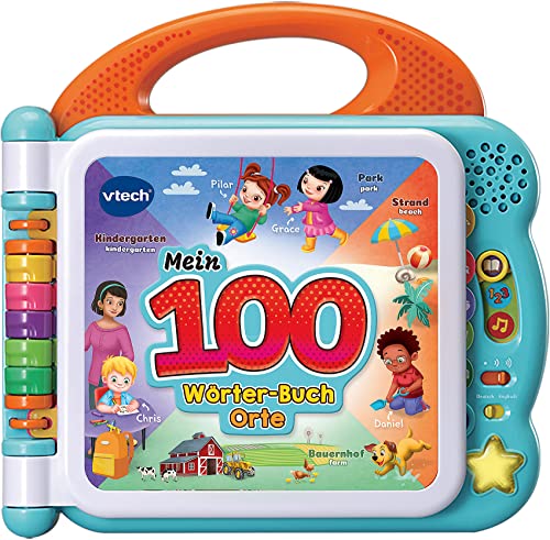 VTech Baby Mein 100-Wörter-Buch: Orte – Interaktives Bilderbuch zum Lernen erster Wörter – Lernspielzeug mit 12 bilingualen Seiten in Deutsch-Englisch – Für Kinder von 2-5 Jahren