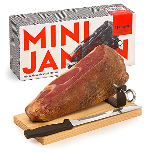 MINI-JAMON SERRANO von jamon.de | Im Geschenkkarton | Set mit Holzständer und Schinkenmesser