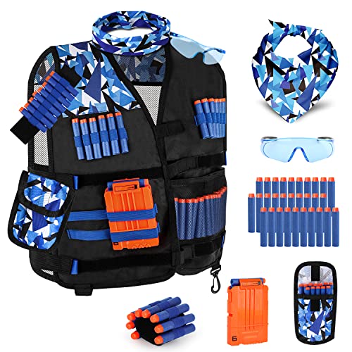 Lehoo Castle Taktische Weste Jacke Set für Nerf Guns N-Strike Elite, Taktische Weste für Kinder, mit 30 Darts, Brille, Schnell Nachladen Clips, Maske und Armbände（Blau）