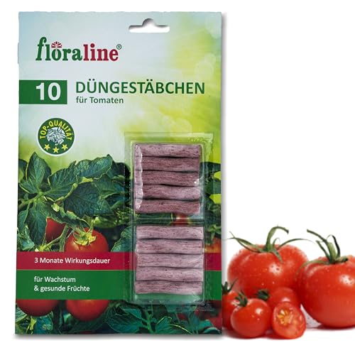 floraline® | 10x Tomaten - Düngestäbchen | Tomatendünger für bis zu 3 Monate hohe Ernten und schmackhafte Früchte pro Stäbchen | Schonende & kinderleichte Anwendung