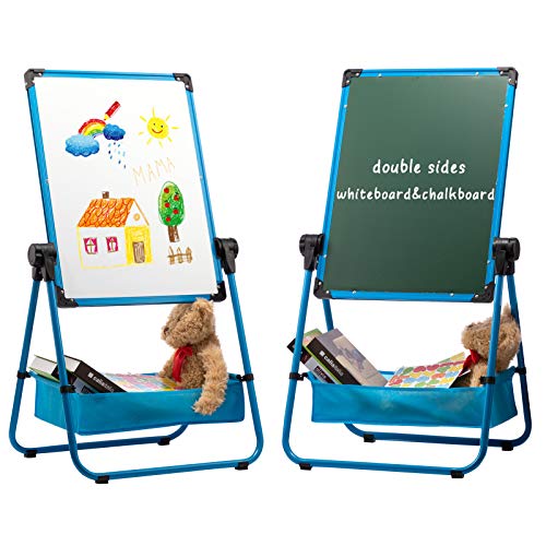 DOEWORKS Kinder Whiteboard Doppelseitiges Staffelei Kinder Whiteboard & Kreidetafel, Magnetische Whiteboard mit Komplett-Set Höhenverstellbar und 360 ° Drehbar, Blau