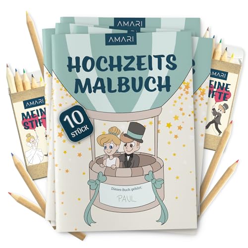 AMARI ® Hochzeitsmalbuch 10er Set inkl. Buntstifte - Gastgeschenk für jede Hochzeit - Kinder Malbuch Set als Beschäftigung, Gäste Notfallkörbchen - Gastgeschenke für Unterhaltung