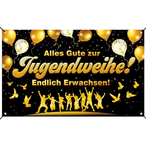 COLOFALLA 180x110cm Jugendweihe Deko Banner Alles Gute zur Jugendweihe Endlich Erwachsen Dekoration Hängedeko Junge Mädchen Konfirmation Banner Gold Schwarz mit Schnur