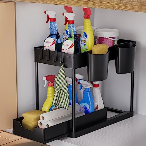 AIXPI Küchen Organizer 2 Etagen, Unter Waschbecken Regal mit Haken und Tasse Gewürzregal Spülschrank Organizer Küchenregal Schrank Organizer für Badezimmer Küche Schwarz