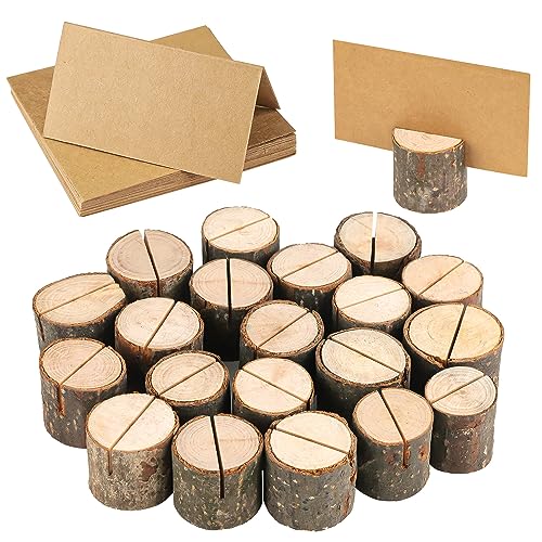 Fyihoxi 40 Stück Kartenhalter Holz Menükartenhalter Tischkartenhalter Platzkartenhalter Halterung für Getränkekarten - für Hochzeiten, Weihnachten, Taufe, Geburtstage(20 Halter + 20 Kraftpapier)