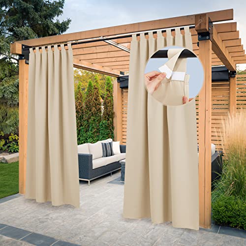 PONY DANCE Outdoor Vorhang Wetterfest 2er Set H 213 x B 132 cm Outdoor Gardinen Wasserdicht Outdoorvorhänge Sichtschutz Balkon Vorhang mit Abnehmbaren Schlaufen, Biscotti Beige