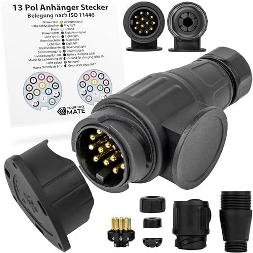 13 poliger Anhänger Stecker, Set mit Parking Cover, 13 pol Stecker nach ISO 11446 genormt, AHK Verbinder für 12 V Systeme, 13 Pin Hänger Stecker, 13 pol Stecker für 13 pol Steckdose, 7-13 pin Adapter