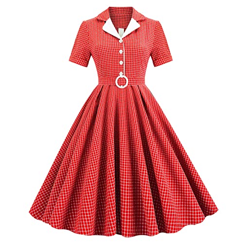 Kurzärmliges Stehkragen-Polka-Punkt-Schlankheits-Elegantes Temperament-Damen-Freizeitkleid Damen Minikleid Freizeitkleid Elegant A-Linie Kleid Damen Sommerkleid Für Damen (24-0209A-Red, S)