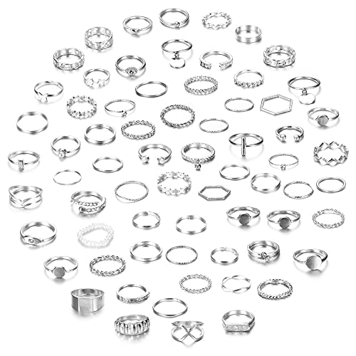 CASSIECA 68 Stück Vintage Silber Knuckle Rings Set für Frauen Mädchen Böhmische Stapelbare Gemeinsame Finger Ringe Retro Kristall Stapel Midi Ringe Pack Modeschmuck Geschenk