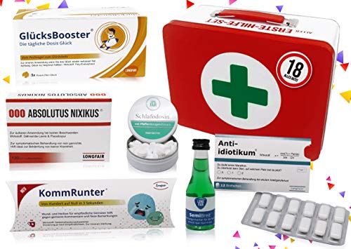 18. Geburtstag | Erste Hilfe Set Geschenk-Box, witziger Sanikasten | 8-teilig | Spaßgeschenk zum 18. Geburtstag