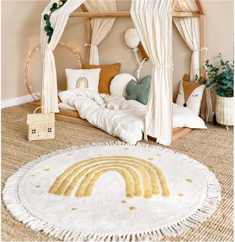 Herfair Teppich Rund, Regenbogen Kinderteppich Mädchen Weiche Boho Kinderzimmerteppich Babymatte rutschfest für Schlafzimmer Kinderzimmer (Gelb,80cm)