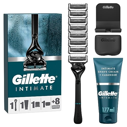 Gillette Intimate Set, Nassrasierer Herren, Rasierer + 8 Rasierklingen + 2-in-1 Rasier- und Duschcreme 177ml + Inklusive Duschhaken & Reiseetui, Geschenk für Männer