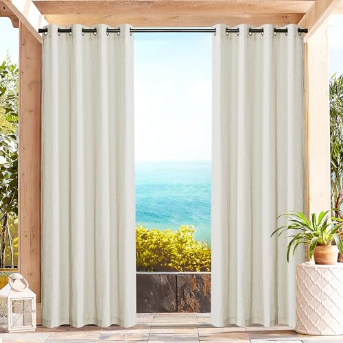 PONY DANCE Outdoor Vorhang mit Ösen 2er Set Terrasse Vorhänge Leinen Boho Outdoor Gardinen Creme Halbtransparent Outdoorvorhänge für Draußen & Pavillon Outdoor Curtains, H 213 x B 140 cm