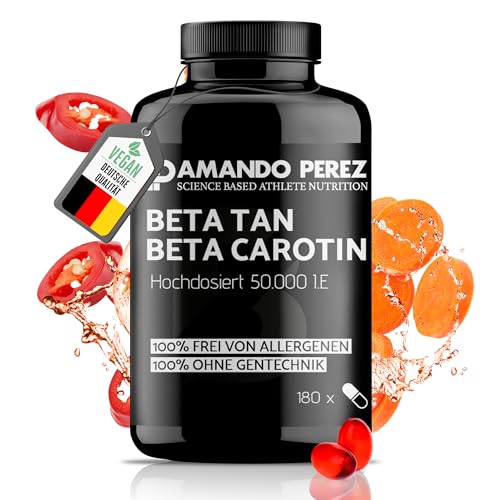 Amando Perez Beta Carotin Depot Bräunungskapseln - 180 VEGANE Softgels mit 50.000 I.E - Vorstufe von Vitamin A hochdosiert Kapseln, Bräune, Karottensaft