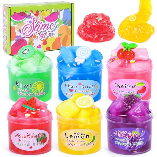 Eutionho 6 Stück Crystal Slime Kit, Obst Clear Slime Kit, Nicht klebrig Super Soft Stress Relief Spielzeug, Kinder Party Gunst Geburtstag Ostern Weihnachten Neujahrsgeschenk für Mädchen Jungen